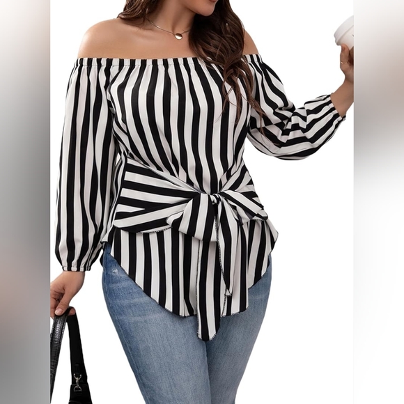 SHEIN Tops - ☆Shein Black & White Striped Off The Shoulder Blouse☆